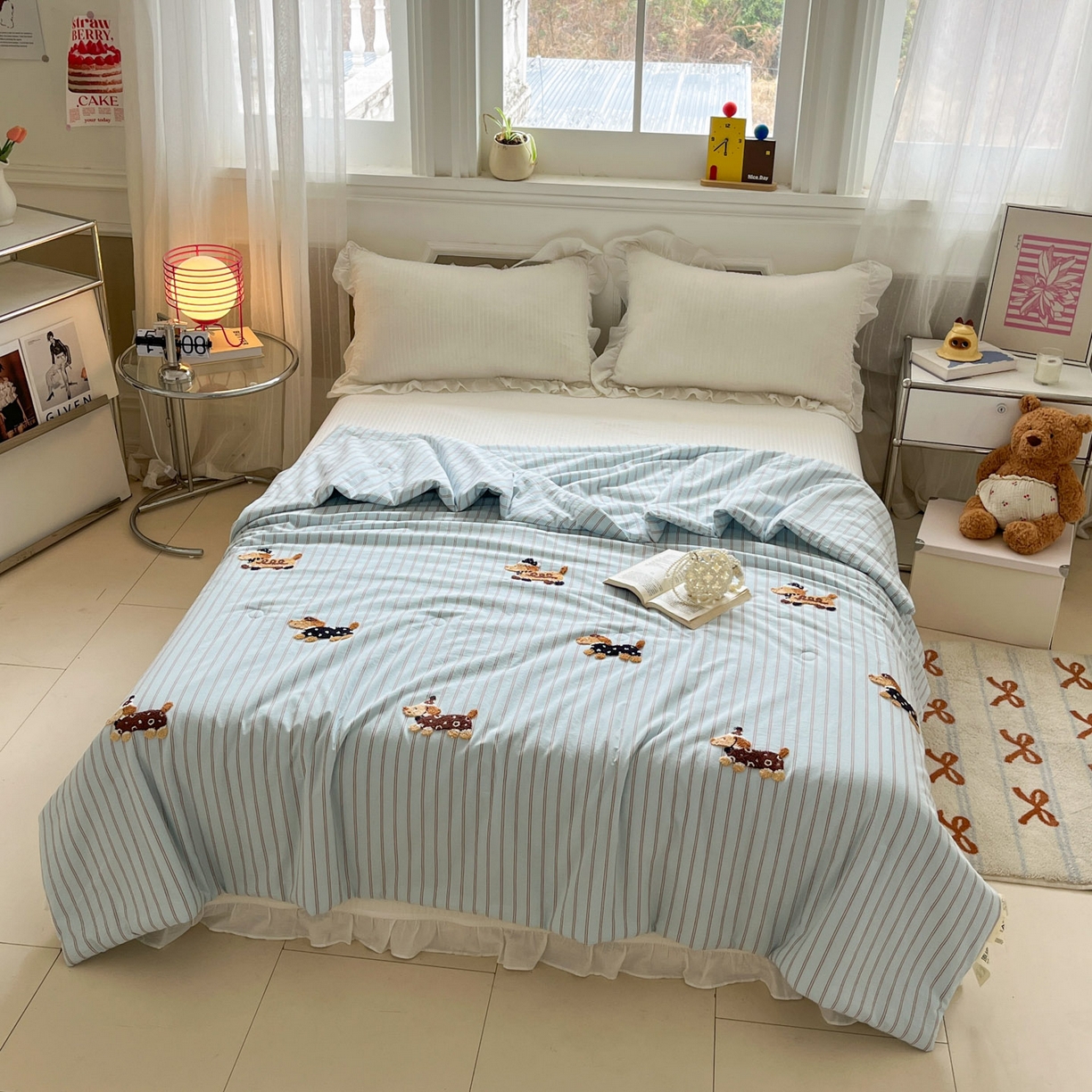 91家纺网 家纺一手货源 找家纺 一加一 2026新款全棉色织水洗棉毛巾绣大豆夏被夏凉被空调被-腊肠狗 腊肠狗-蓝调