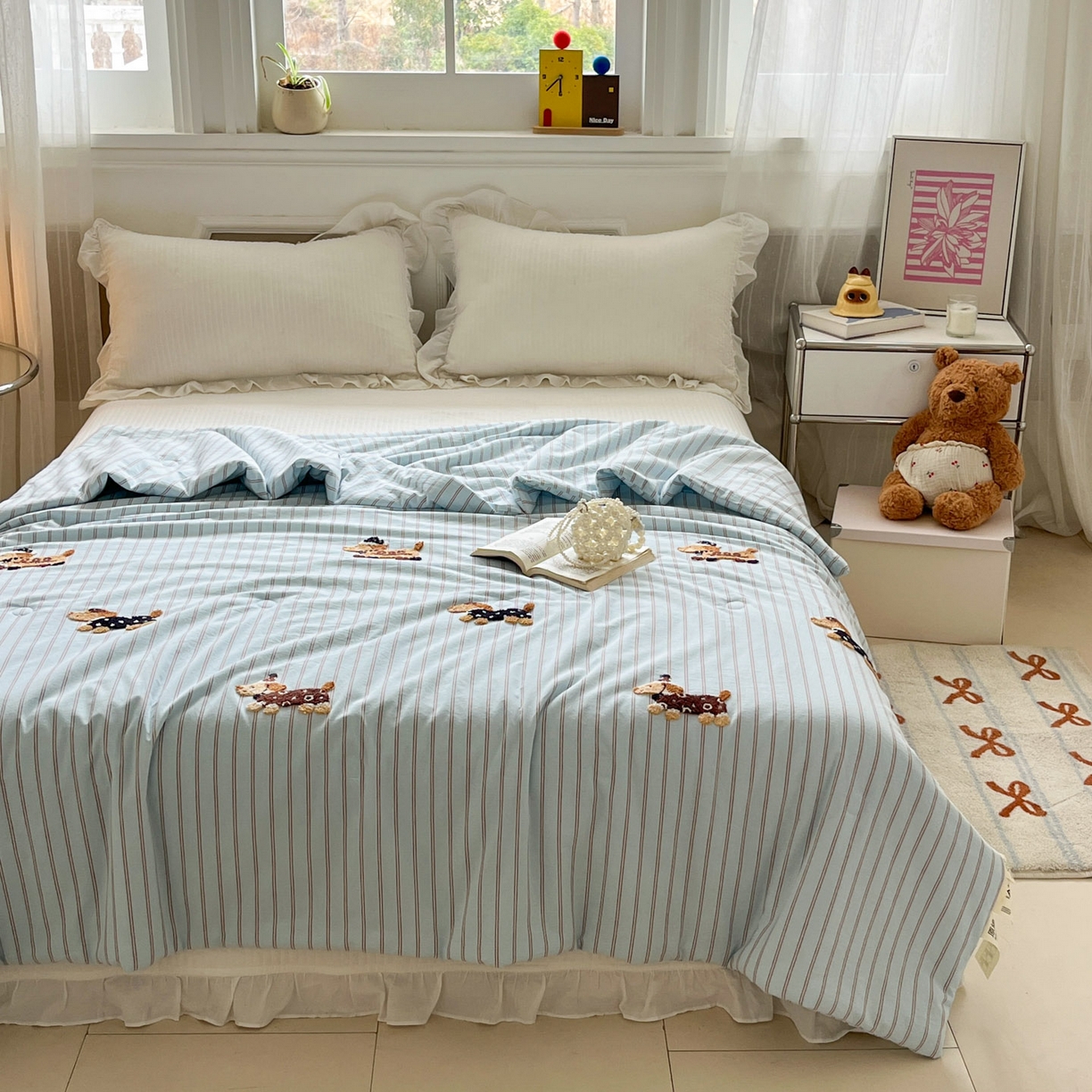 91家纺网 家纺一手货源 找家纺 一加一 2026新款全棉色织水洗棉毛巾绣大豆夏被夏凉被空调被-腊肠狗 腊肠狗-蓝调