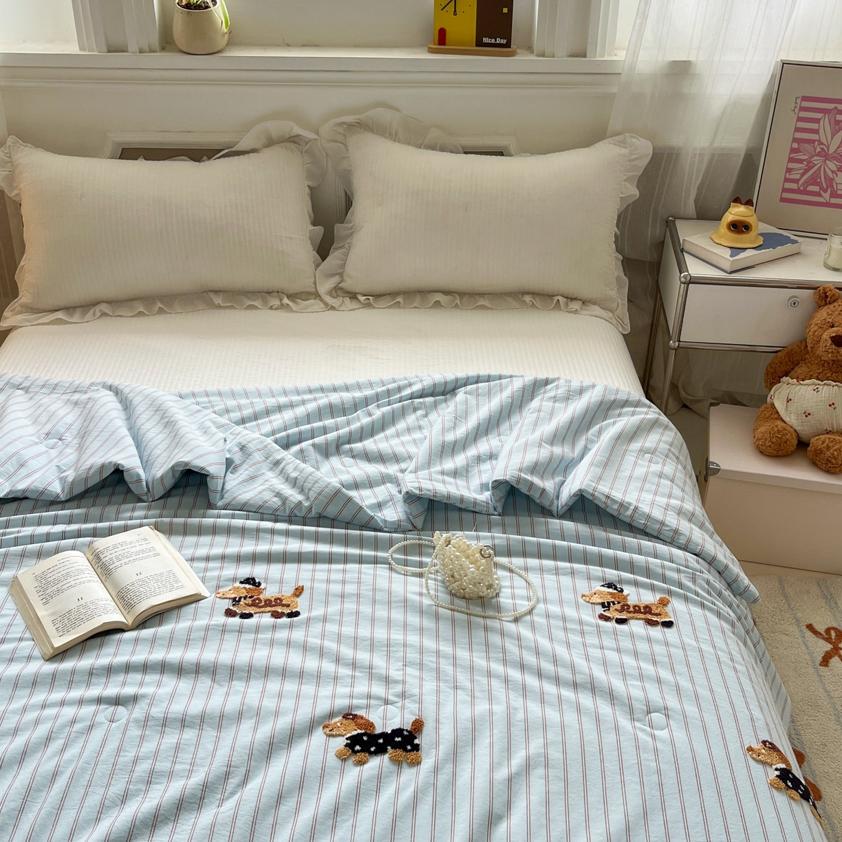 91家纺网 家纺一手货源 找家纺 一加一 2026新款全棉色织水洗棉毛巾绣大豆夏被夏凉被空调被-腊肠狗 腊肠狗-蓝调