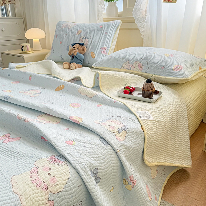 91家纺网 家纺一手货源 找家纺 淑女公社家纺 2026春夏新款高温砂洗床盖款纯棉四件套床盖被套单品单件 泡芙小狗