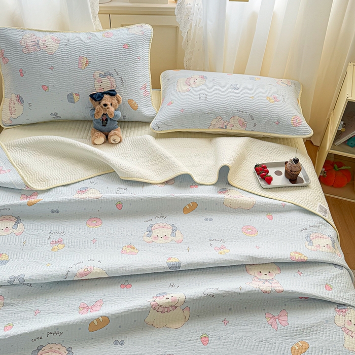 91家纺网 家纺一手货源 找家纺 淑女公社家纺 2026春夏新款高温砂洗床盖款纯棉四件套床盖被套单品单件 泡芙小狗