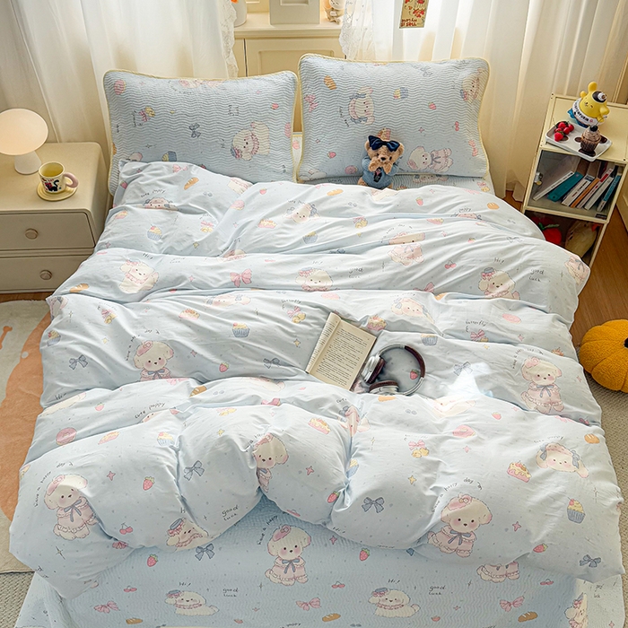 91家纺网 家纺一手货源 找家纺 淑女公社家纺 2026春夏新款高温砂洗床盖款纯棉四件套床盖被套单品单件 泡芙小狗