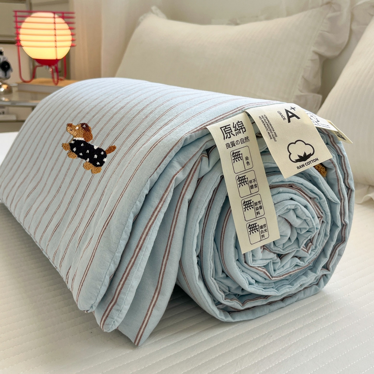 91家纺网 家纺一手货源 找家纺 一加一 2026新款全棉色织水洗棉毛巾绣大豆夏被夏凉被空调被-腊肠狗 腊肠狗-蓝调