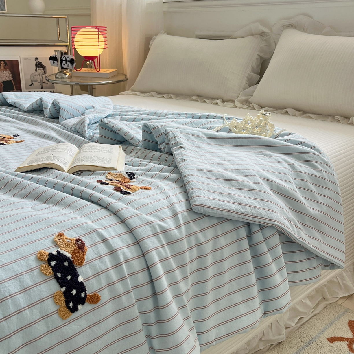 91家纺网 家纺一手货源 找家纺 一加一 2026新款全棉色织水洗棉毛巾绣大豆夏被夏凉被空调被-腊肠狗 腊肠狗-蓝调