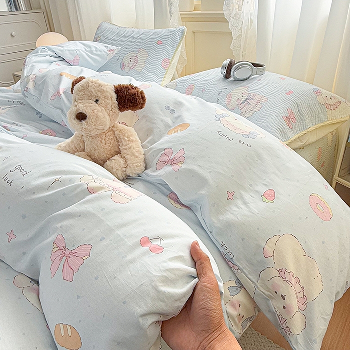 91家纺网 家纺一手货源 找家纺 淑女公社家纺 2026春夏新款高温砂洗床盖款纯棉四件套床盖被套单品单件 泡芙小狗