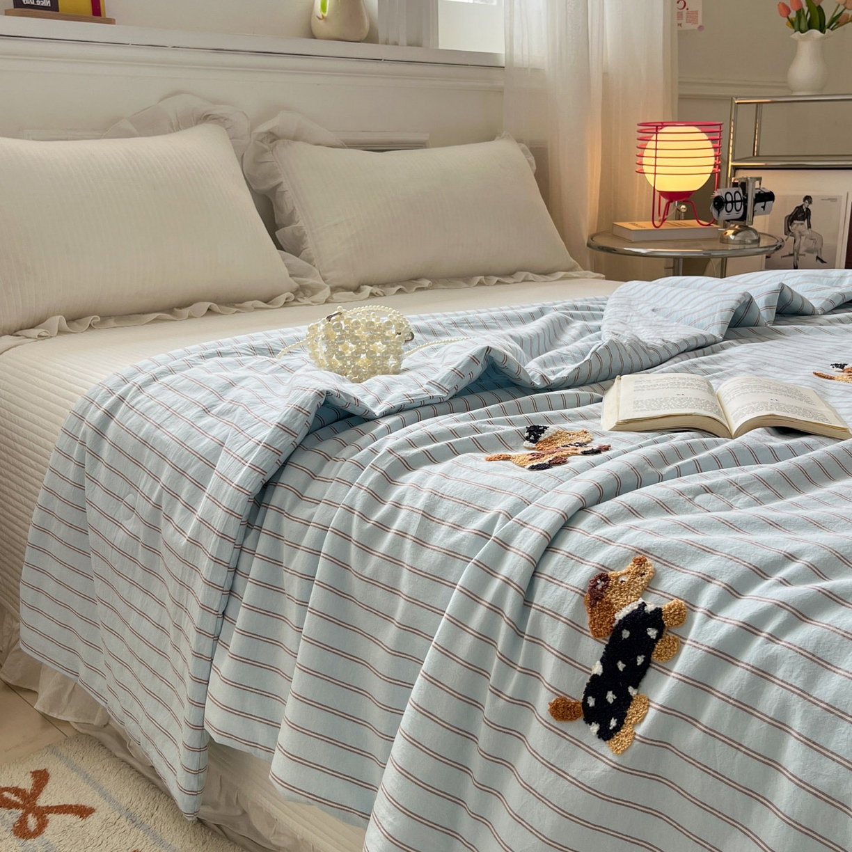 91家纺网 家纺一手货源 找家纺 一加一 2026新款全棉色织水洗棉毛巾绣大豆夏被夏凉被空调被-腊肠狗 腊肠狗-蓝调