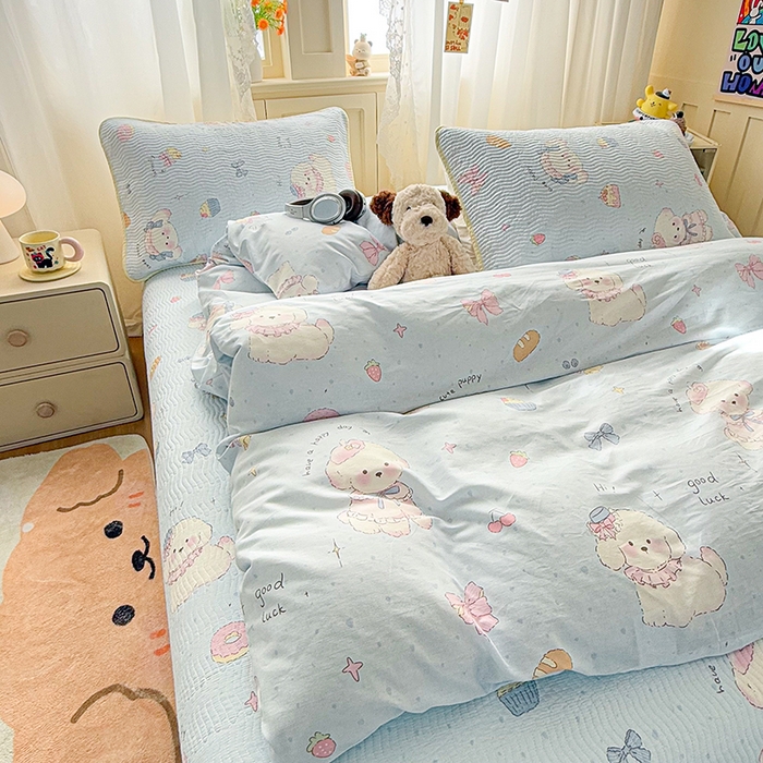 91家纺网 家纺一手货源 找家纺 淑女公社家纺 2026春夏新款高温砂洗床盖款纯棉四件套床盖被套单品单件 泡芙小狗