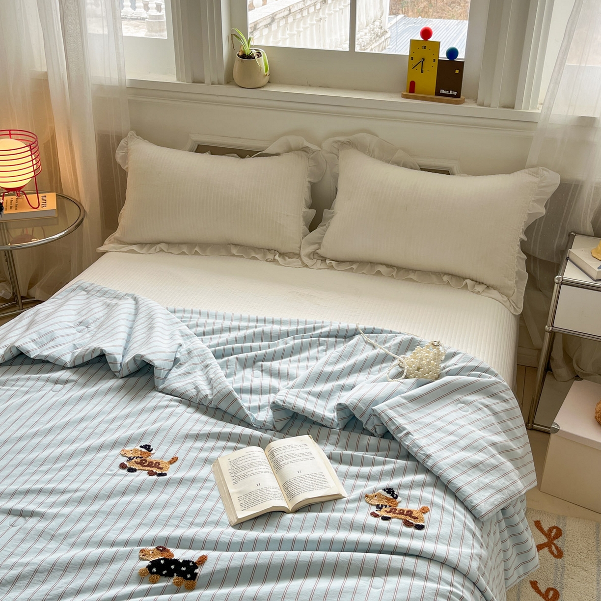 91家纺网 家纺一手货源 找家纺 一加一 2026新款全棉色织水洗棉毛巾绣大豆夏被夏凉被空调被-腊肠狗 腊肠狗-蓝调