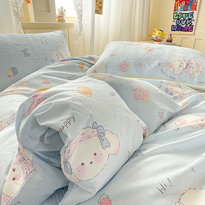 91家纺网 家纺一手货源 找家纺 淑女公社家纺 2026春夏新款高温砂洗床盖款纯棉四件套床盖被套单品单件 泡芙小狗