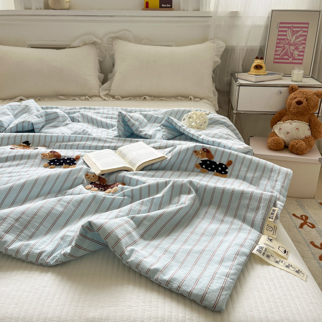 91家纺网 家纺一手货源 找家纺 一加一 2026新款全棉色织水洗棉毛巾绣大豆夏被夏凉被空调被-腊肠狗 腊肠狗-蓝调