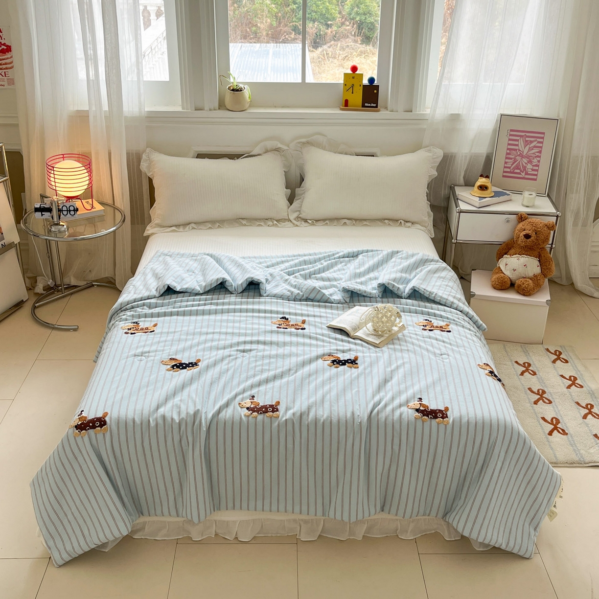 91家纺网 家纺一手货源 找家纺 一加一 2026新款全棉色织水洗棉毛巾绣大豆夏被夏凉被空调被-腊肠狗 腊肠狗-蓝调