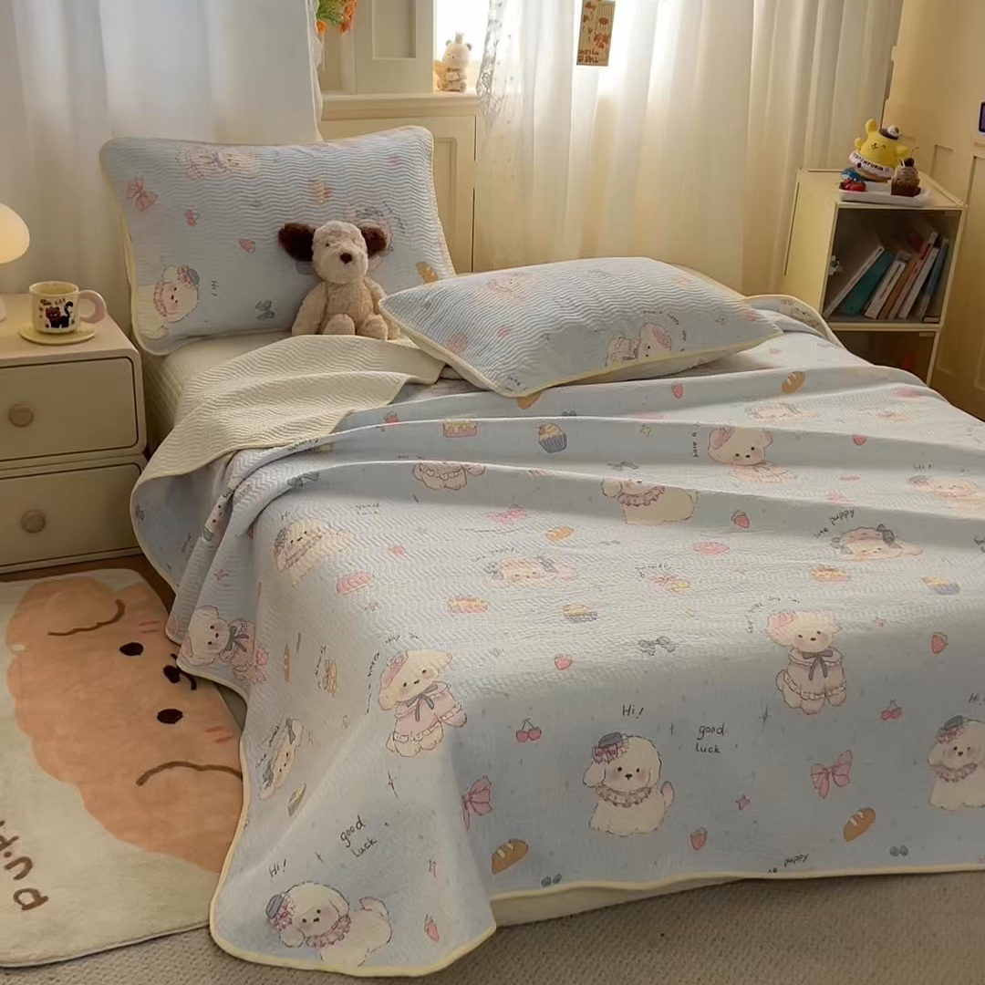 91家纺网 家纺一手货源 找家纺 淑女公社家纺 2026春夏新款高温砂洗床盖款纯棉四件套床盖被套单品单件 泡芙小狗