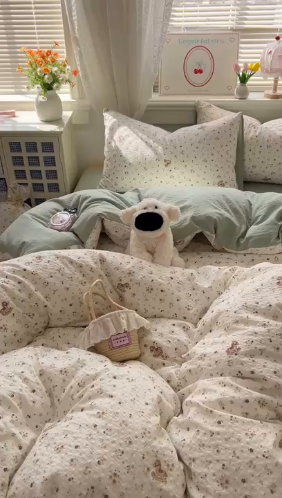 91家纺网 家纺一手货源 找家纺 暖伊家居 2026新款糖果小布袋泡芙纱四件套 童年木马