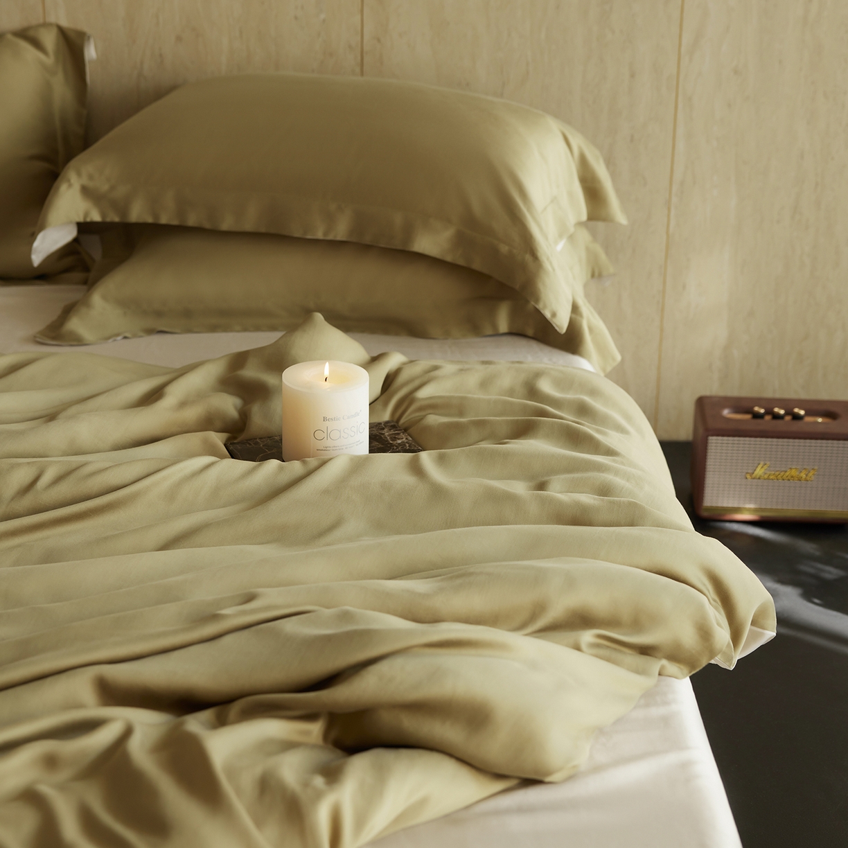 91家纺网 家纺一手货源 找家纺 初拾 2026新款60支水洗兰精天丝“慵懒风”四件套-软泡芙 软泡芙-茉香奶绿