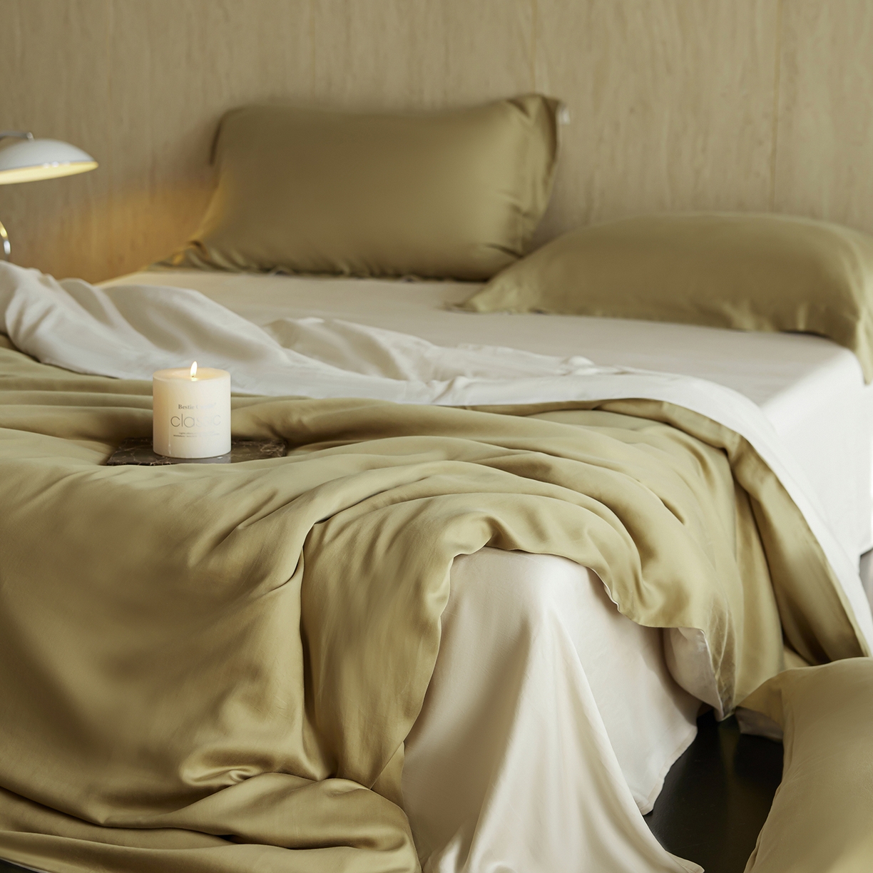 91家纺网 家纺一手货源 找家纺 初拾 2026新款60支水洗兰精天丝“慵懒风”四件套-软泡芙 软泡芙-茉香奶绿