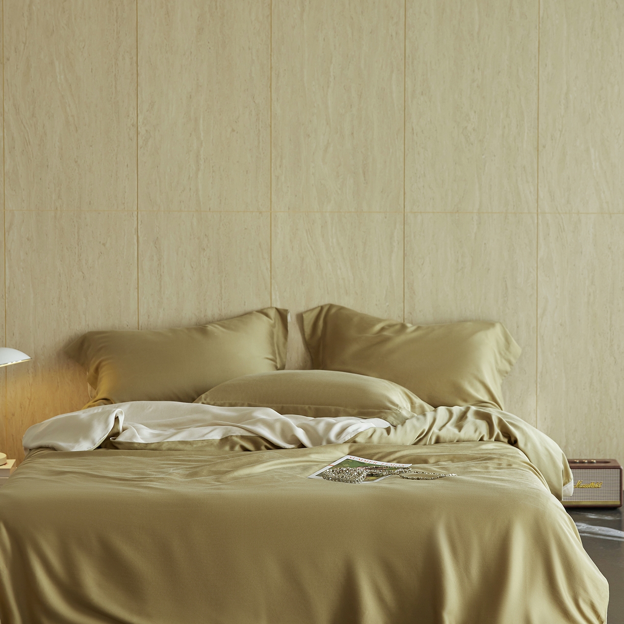 91家纺网 家纺一手货源 找家纺 初拾 2026新款60支水洗兰精天丝“慵懒风”四件套-软泡芙 软泡芙-茉香奶绿