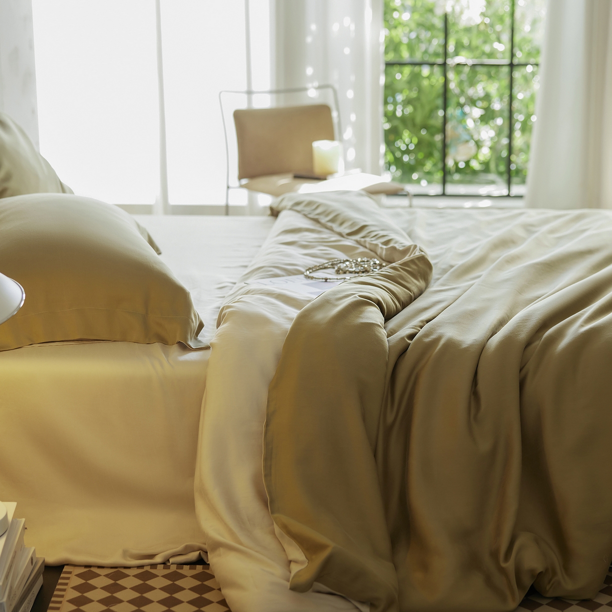 91家纺网 家纺一手货源 找家纺 初拾 2026新款60支水洗兰精天丝“慵懒风”四件套-软泡芙 软泡芙-茉香奶绿