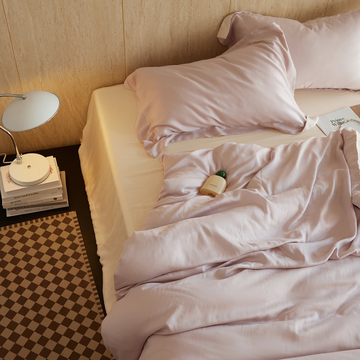 91家纺网 家纺一手货源 找家纺 初拾 2026新款60支水洗兰精天丝“慵懒风”四件套-软泡芙 软泡芙-浅紫奶昔