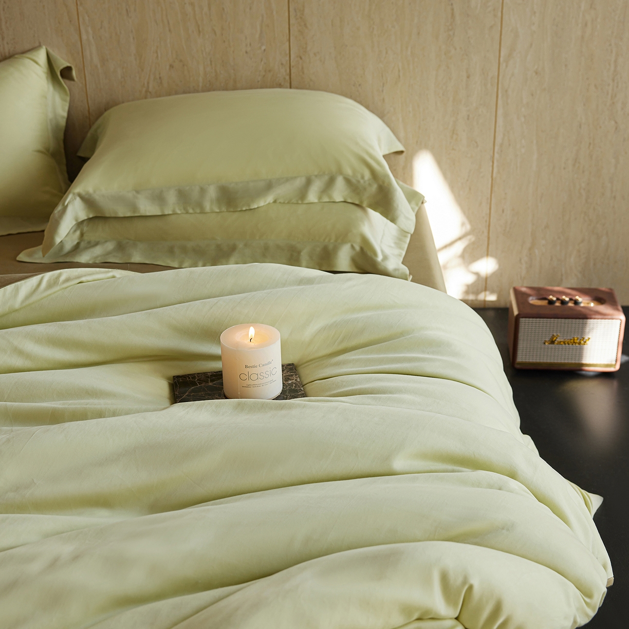 91家纺网 家纺一手货源 找家纺 初拾 2026新款60支水洗兰精天丝“慵懒风”四件套-软泡芙 软泡芙-青青草绿