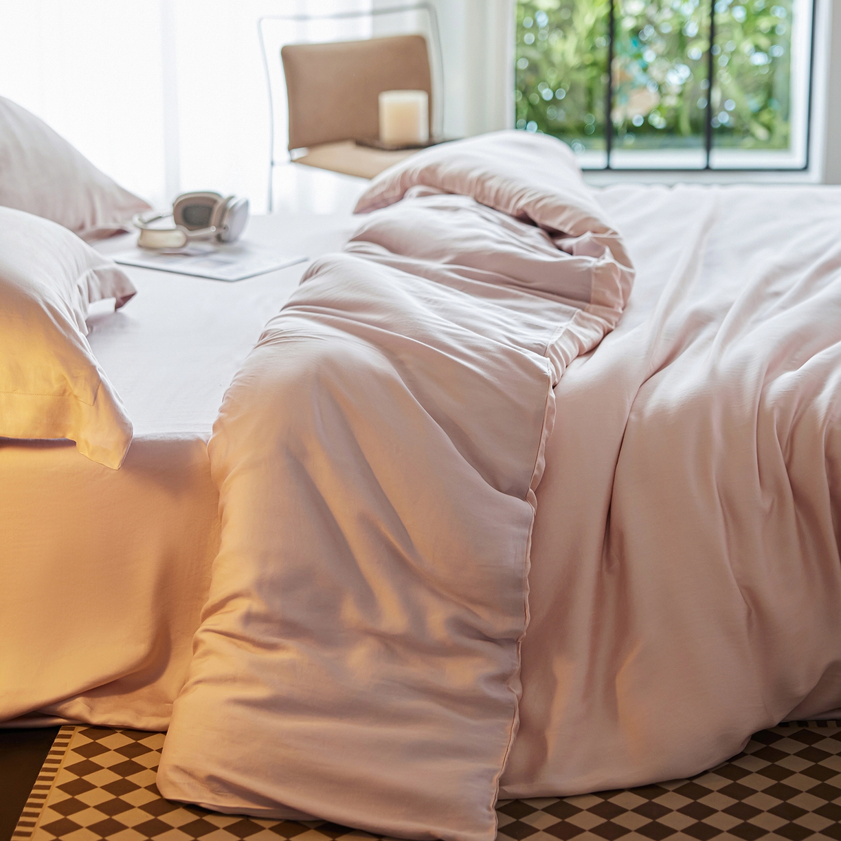 91家纺网 家纺一手货源 找家纺 初拾 2026新款60支水洗兰精天丝“慵懒风”四件套-软泡芙 软泡芙-甜蜜粉紫