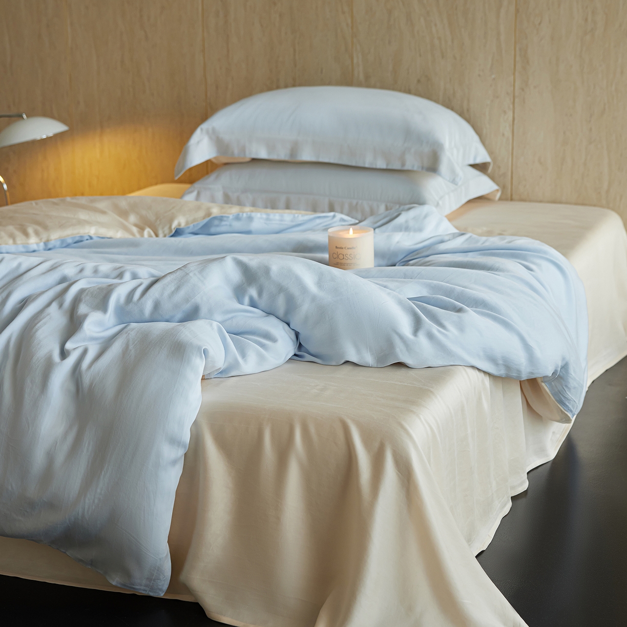 91家纺网 家纺一手货源 找家纺 初拾 2026新款60支水洗兰精天丝“慵懒风”四件套-软泡芙 软泡芙-蓝天白云