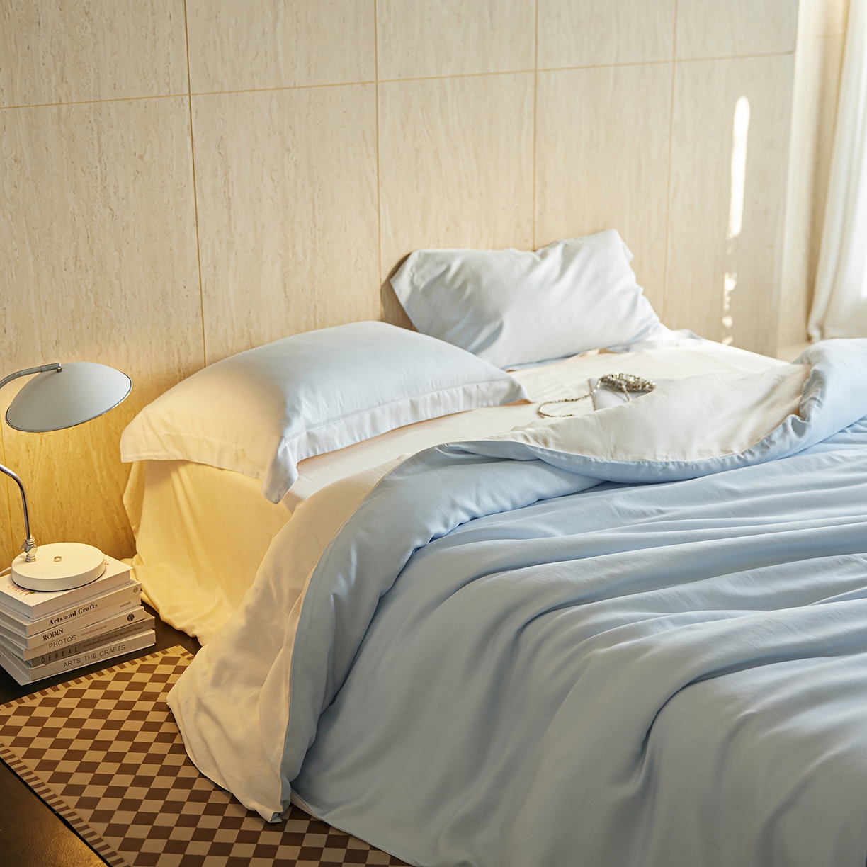 91家纺网 家纺一手货源 找家纺 初拾 2026新款60支水洗兰精天丝“慵懒风”四件套-软泡芙 软泡芙-蓝天白云