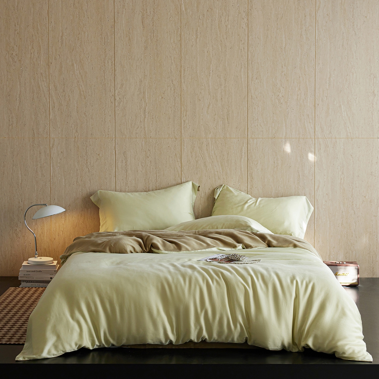 91家纺网 家纺一手货源 找家纺 初拾 2026新款60支水洗兰精天丝“慵懒风”四件套-软泡芙 软泡芙-青青草绿