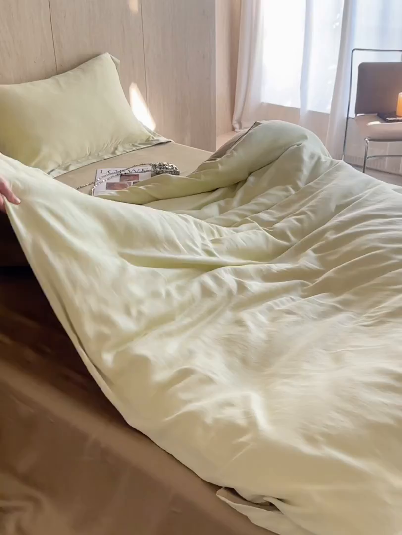 91家纺网 家纺一手货源 找家纺 初拾 2026新款60支水洗兰精天丝“慵懒风”四件套-软泡芙 软泡芙-青青草绿