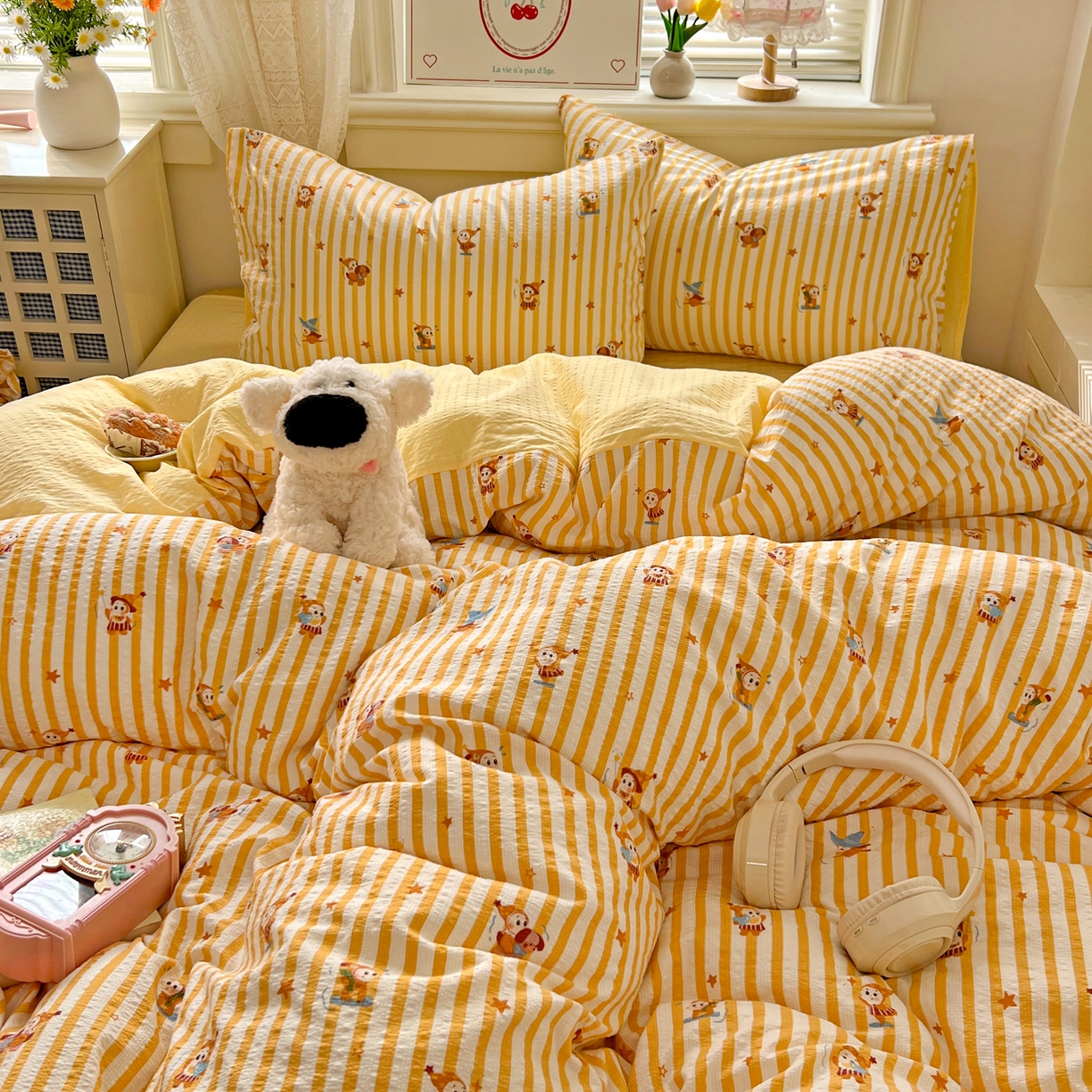 91家纺网 家纺一手货源 找家纺 暖伊家居 2026新款糖果小布袋泡芙纱四件套 星星人