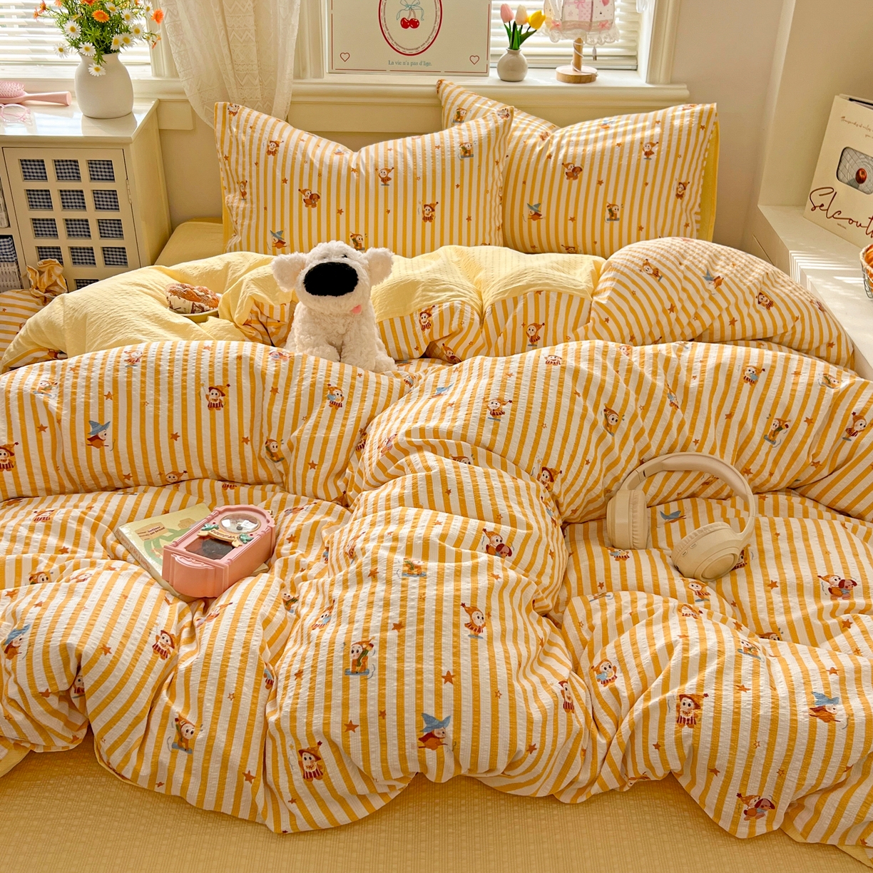 91家纺网 家纺一手货源 找家纺 暖伊家居 2026新款糖果小布袋泡芙纱四件套 星星人