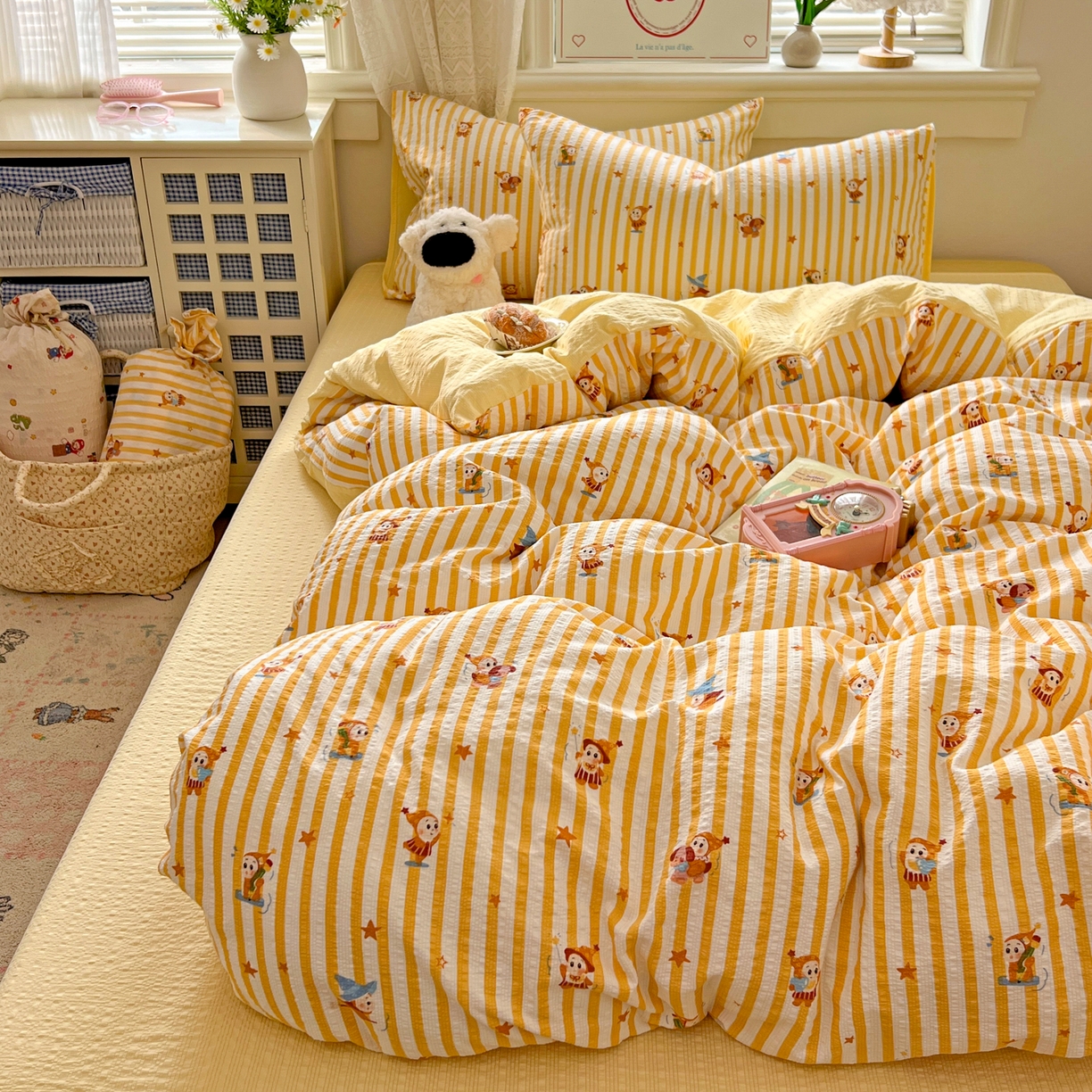 91家纺网 家纺一手货源 找家纺 暖伊家居 2026新款糖果小布袋泡芙纱四件套 星星人