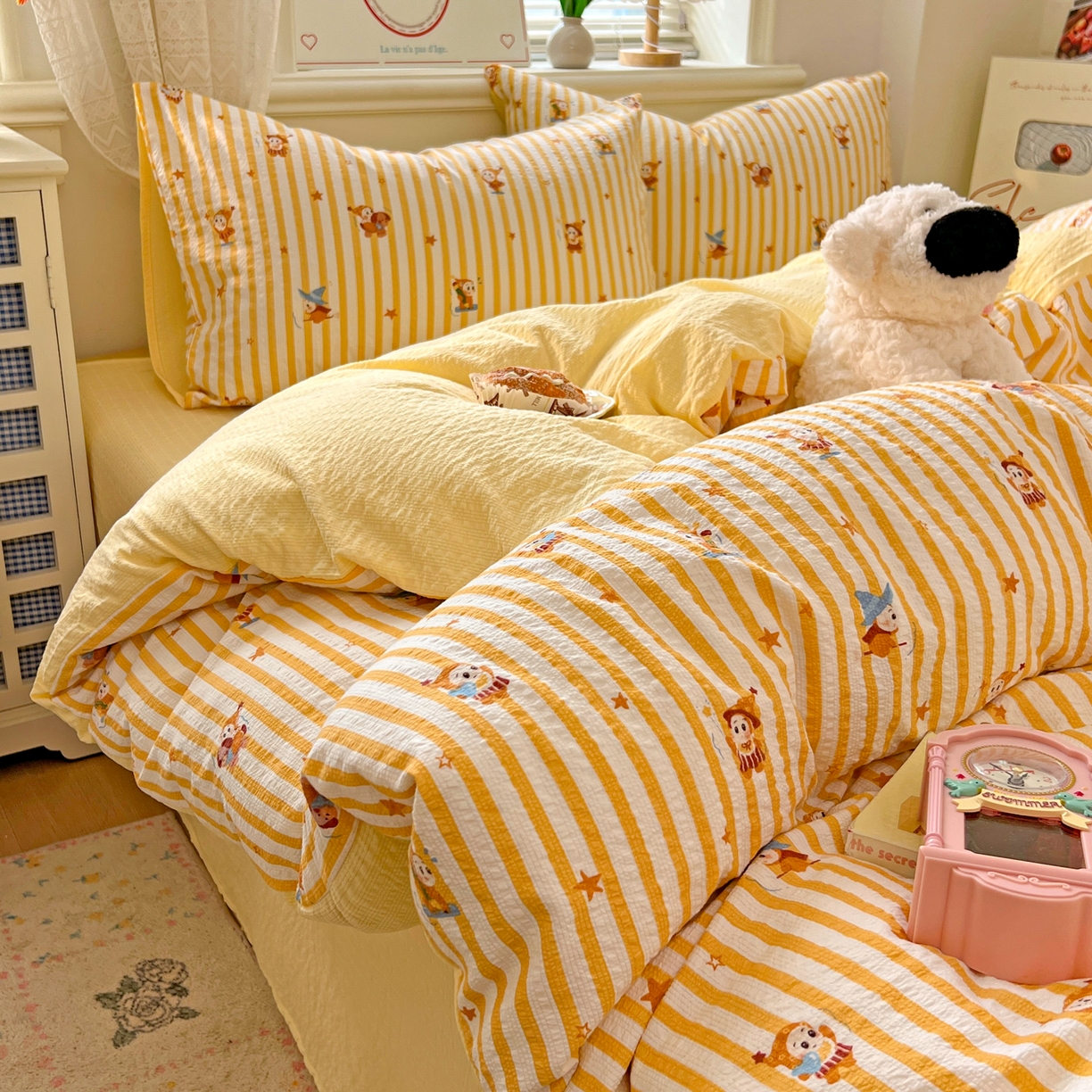 91家纺网 家纺一手货源 找家纺 暖伊家居 2026新款糖果小布袋泡芙纱四件套 星星人