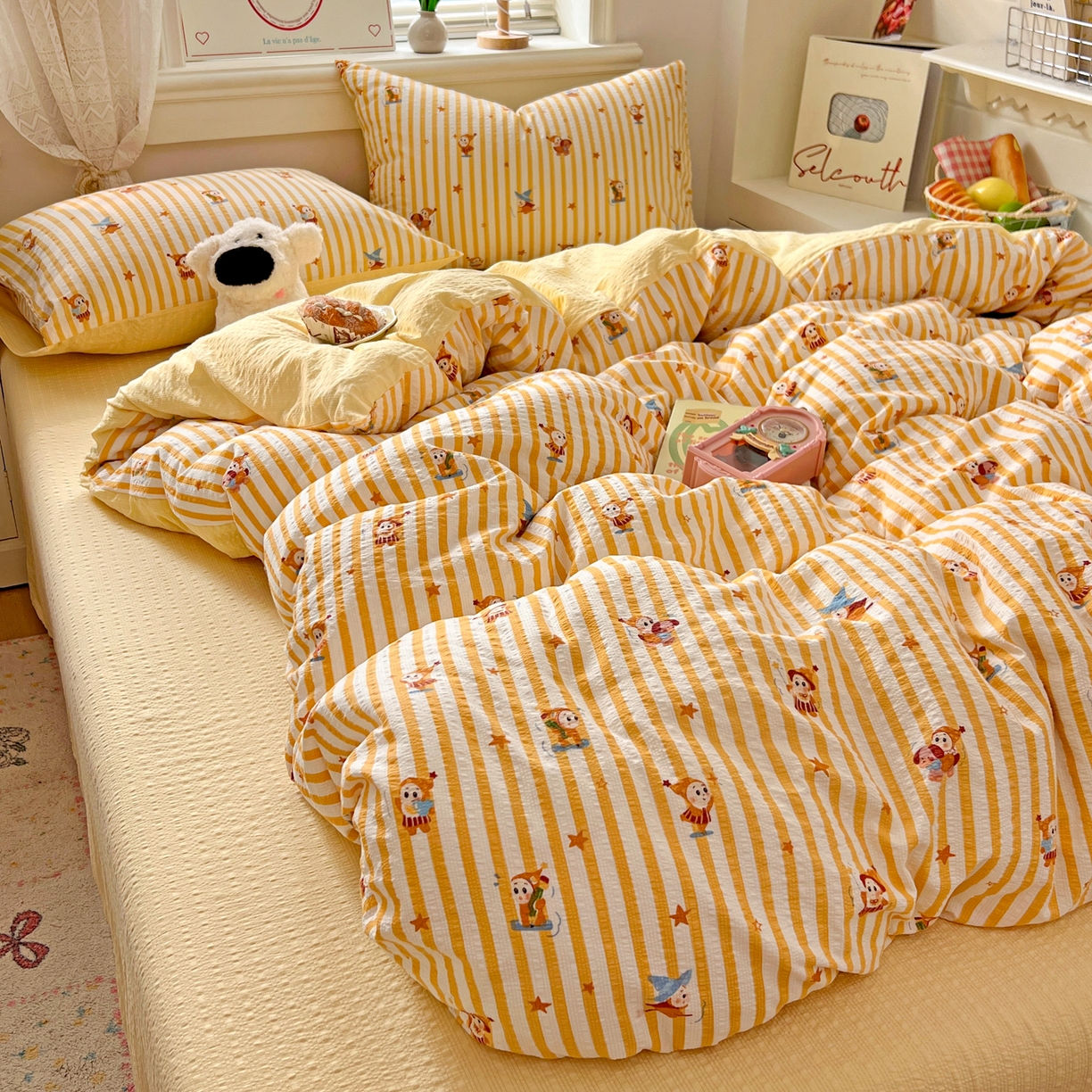 91家纺网 家纺一手货源 找家纺 暖伊家居 2026新款糖果小布袋泡芙纱四件套 星星人