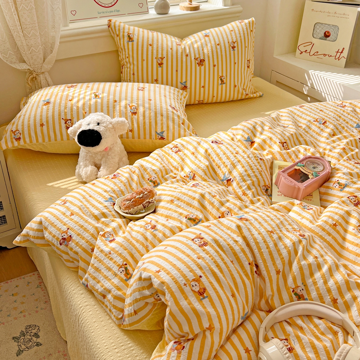 91家纺网 家纺一手货源 找家纺 暖伊家居 2026新款糖果小布袋泡芙纱四件套 星星人