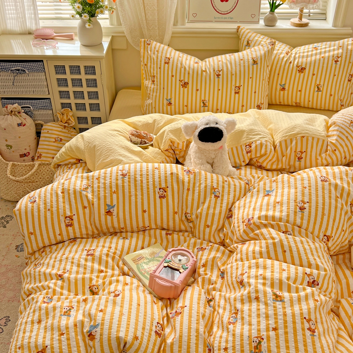 91家纺网 家纺一手货源 找家纺 暖伊家居 2026新款糖果小布袋泡芙纱四件套 星星人