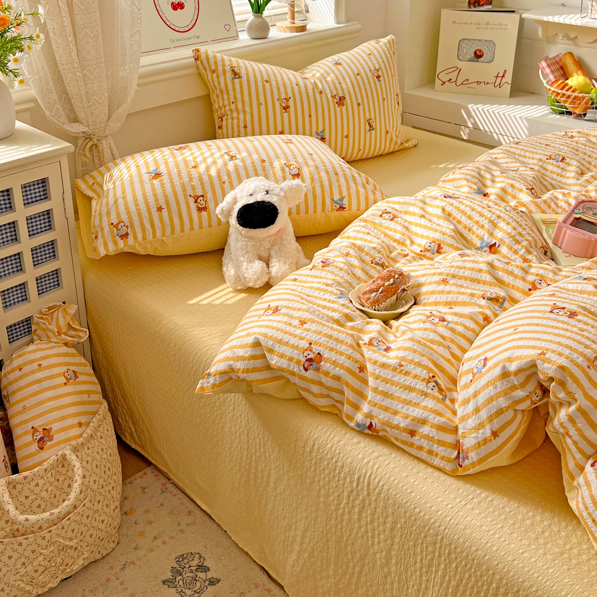 91家纺网 家纺一手货源 找家纺 暖伊家居 2026新款糖果小布袋泡芙纱四件套 星星人