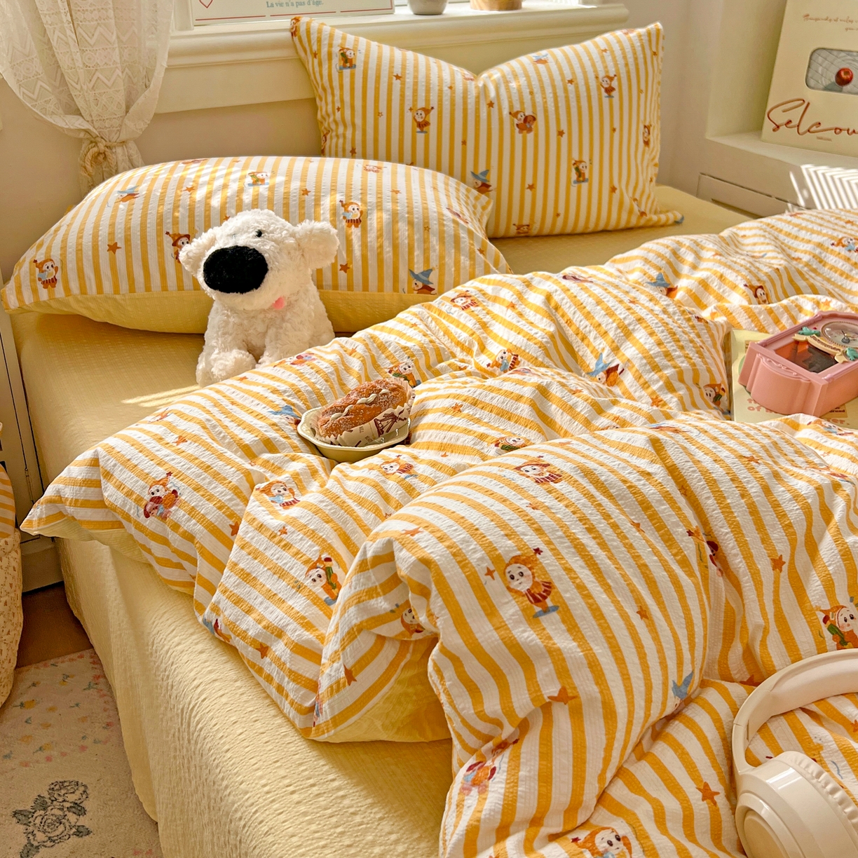 91家纺网 家纺一手货源 找家纺 暖伊家居 2026新款糖果小布袋泡芙纱四件套 星星人