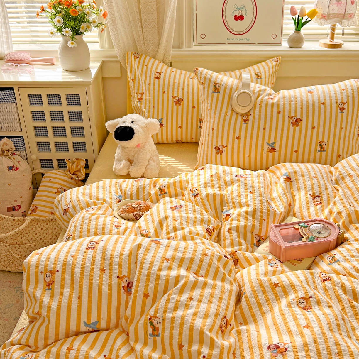 91家纺网 家纺一手货源 找家纺 暖伊家居 2026新款糖果小布袋泡芙纱四件套 星星人