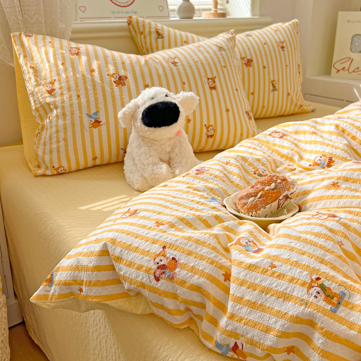 91家纺网 家纺一手货源 找家纺 暖伊家居 2026新款糖果小布袋泡芙纱四件套 星星人