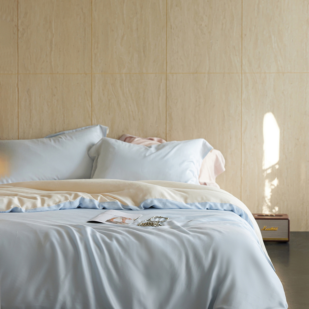 91家纺网 家纺一手货源 找家纺 初拾 2026新款60支水洗兰精天丝“慵懒风”四件套-软泡芙 软泡芙-蓝天白云