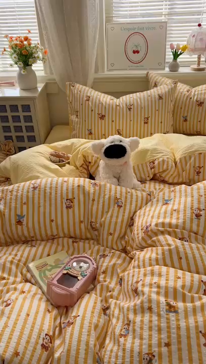 91家纺网 家纺一手货源 找家纺 暖伊家居 2026新款糖果小布袋泡芙纱四件套 星星人