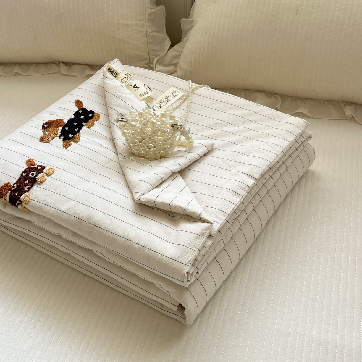 一加一 2026新款全棉色织水洗棉毛巾绣大豆夏被夏凉被空调被-腊肠狗 腊肠狗-奶白