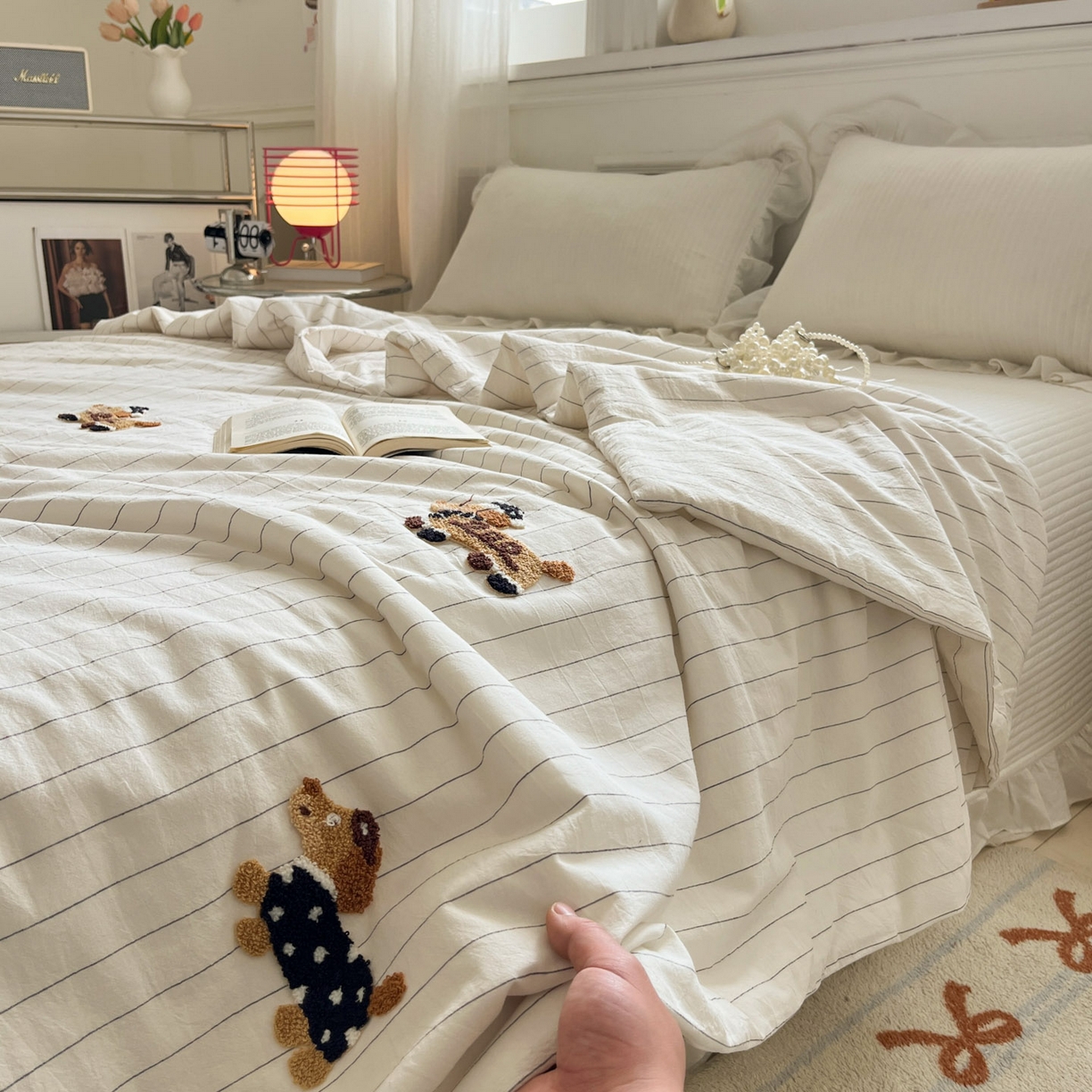 91家纺网 家纺一手货源 找家纺 一加一 2026新款全棉色织水洗棉毛巾绣大豆夏被夏凉被空调被-腊肠狗 腊肠狗-奶白