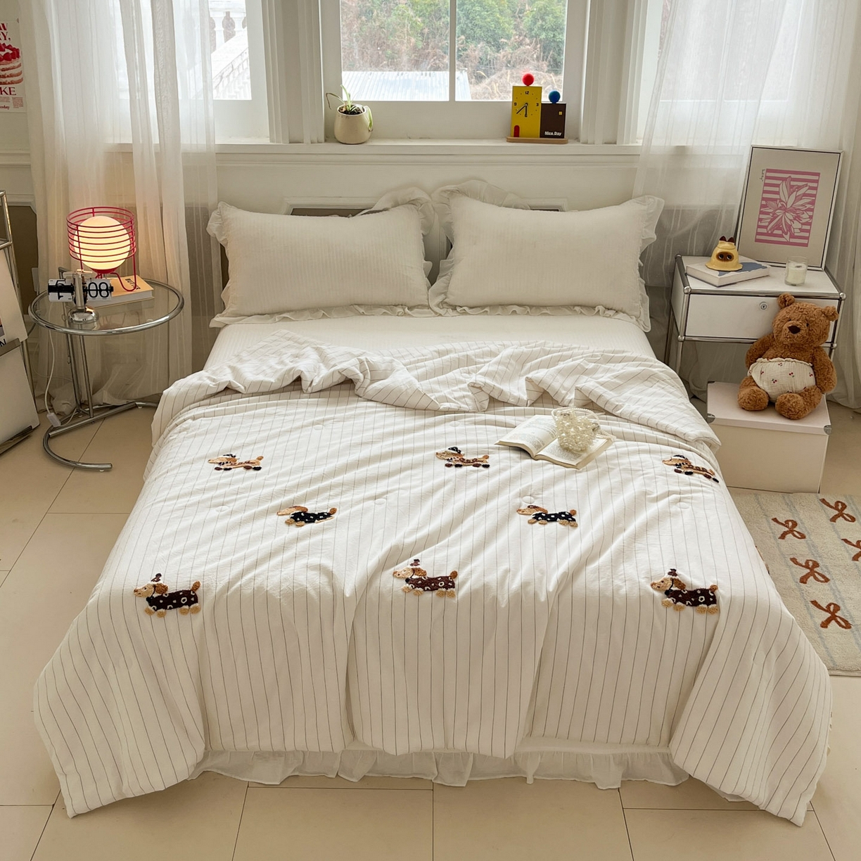 91家纺网 家纺一手货源 找家纺 一加一 2026新款全棉色织水洗棉毛巾绣大豆夏被夏凉被空调被-腊肠狗 腊肠狗-奶白