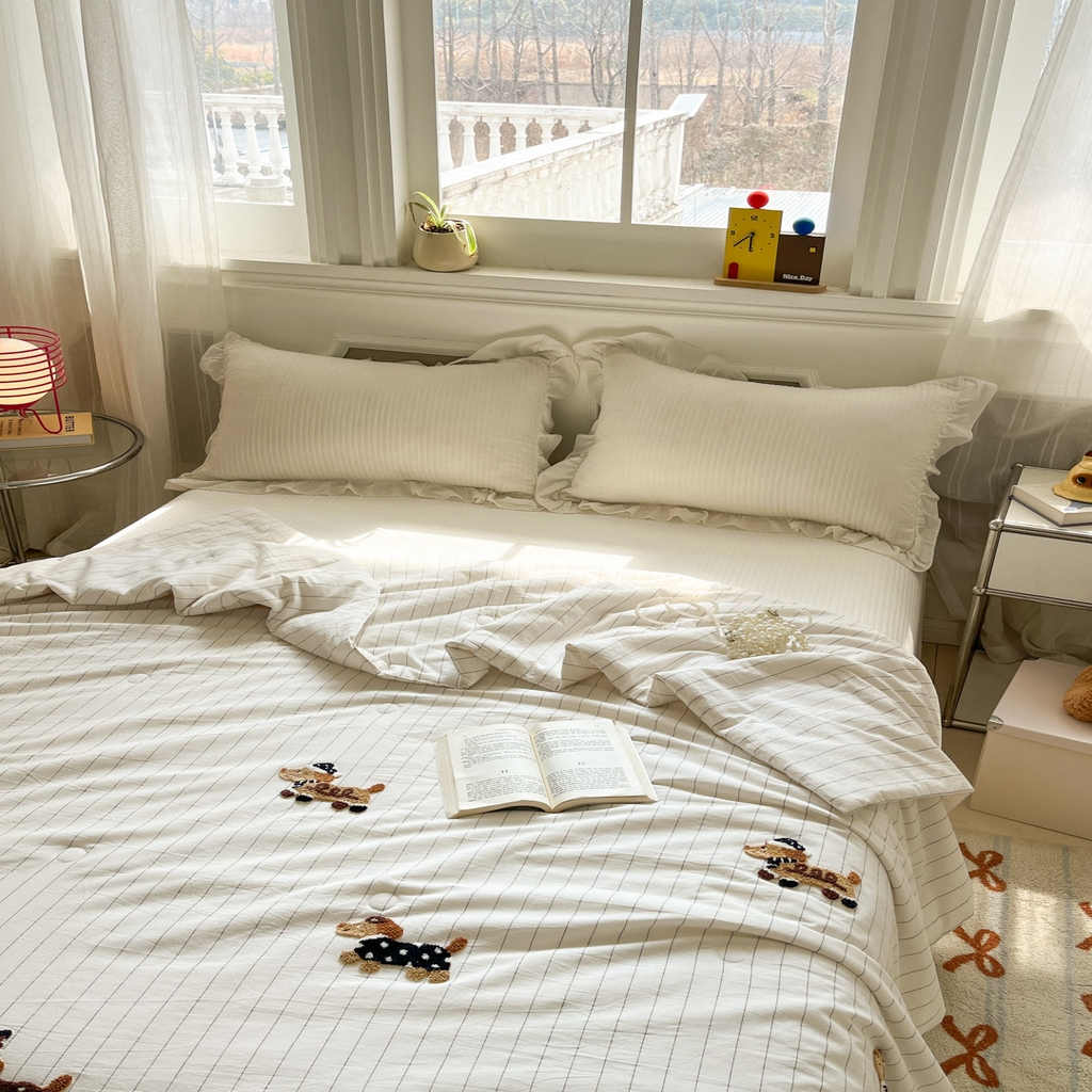 91家纺网 家纺一手货源 找家纺 一加一 2026新款全棉色织水洗棉毛巾绣大豆夏被夏凉被空调被-腊肠狗 腊肠狗-奶白