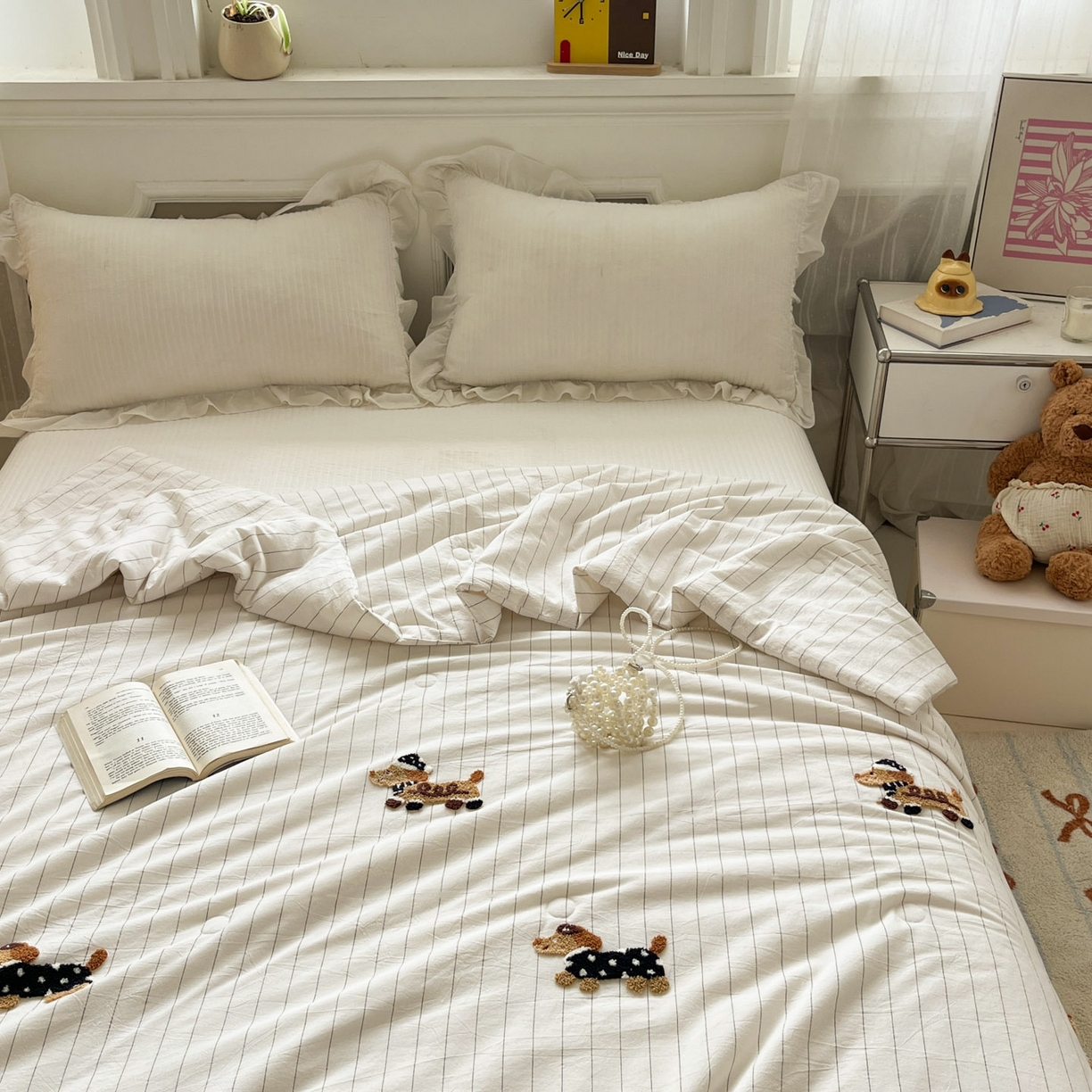 91家纺网 家纺一手货源 找家纺 一加一 2026新款全棉色织水洗棉毛巾绣大豆夏被夏凉被空调被-腊肠狗 腊肠狗-奶白