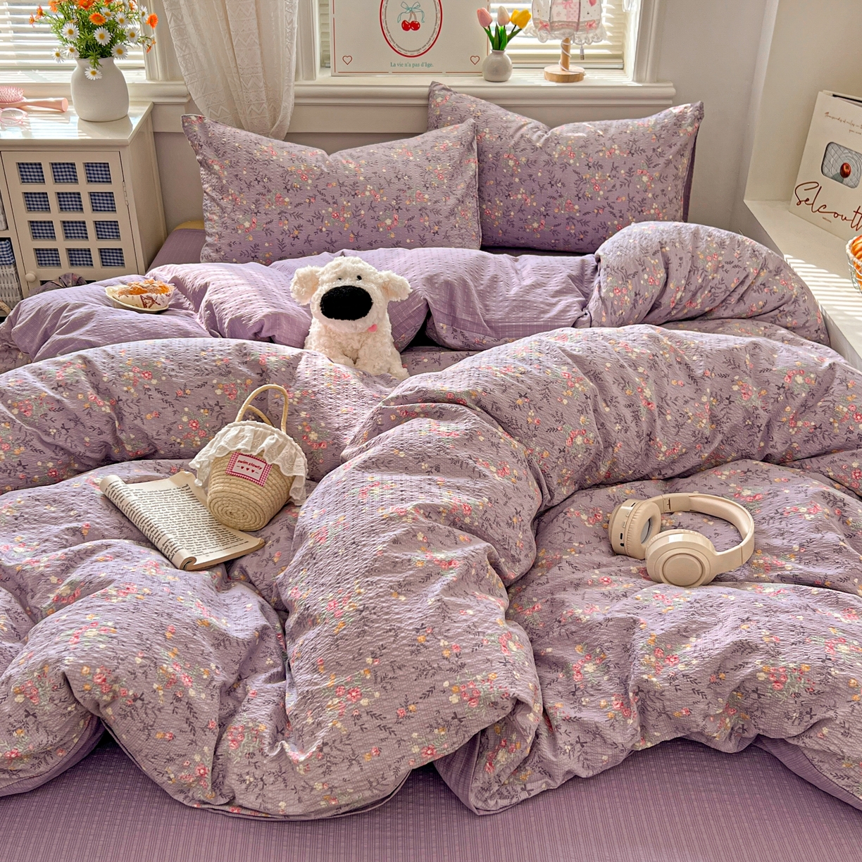 91家纺网 家纺一手货源 找家纺 暖伊家居 2026新款糖果小布袋泡芙纱四件套 薰衣紫花