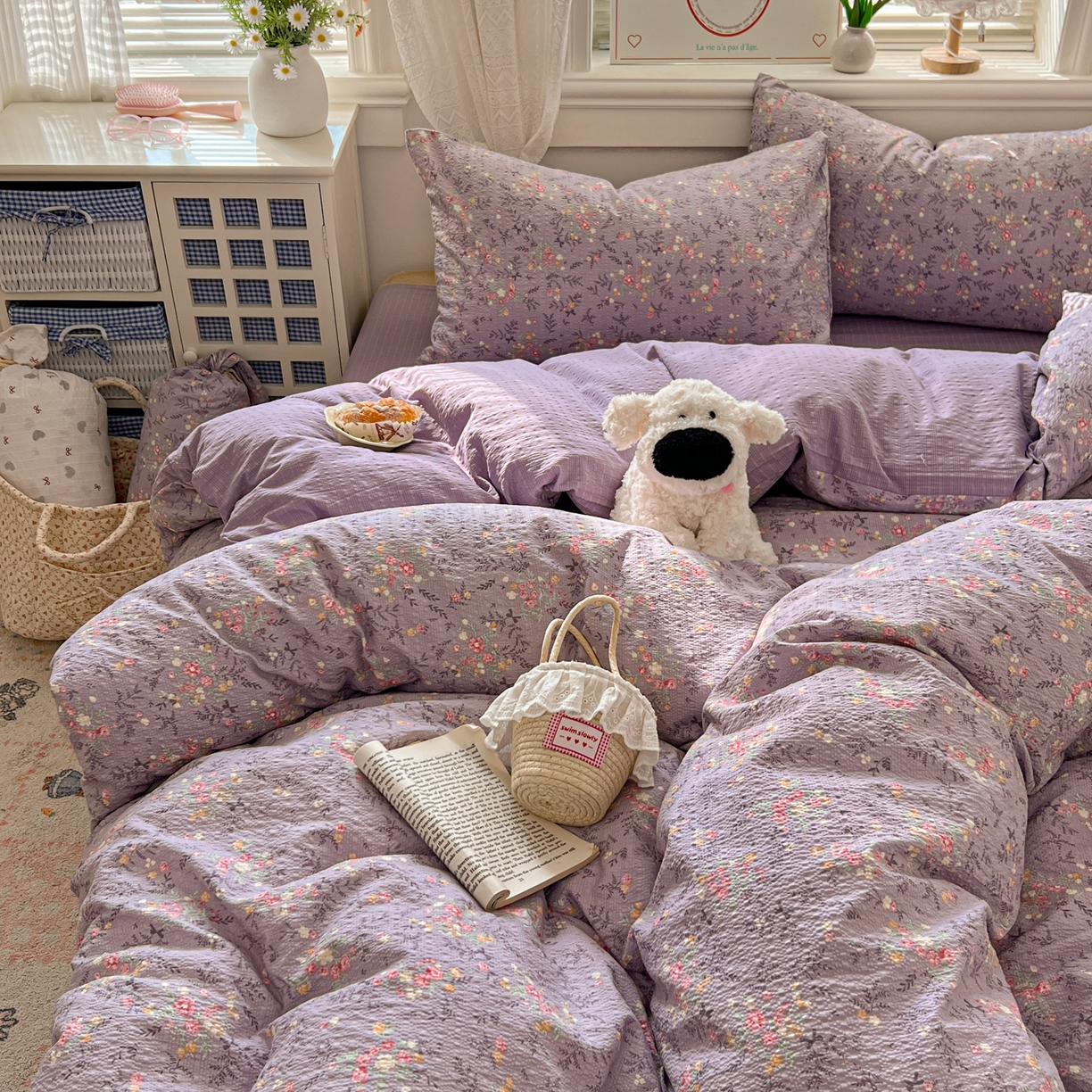91家纺网 家纺一手货源 找家纺 暖伊家居 2026新款糖果小布袋泡芙纱四件套 薰衣紫花