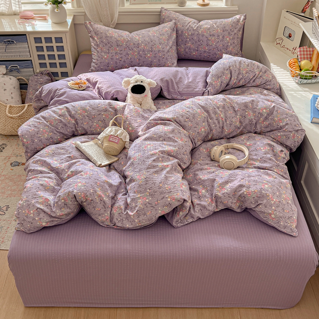 91家纺网 家纺一手货源 找家纺 暖伊家居 2026新款糖果小布袋泡芙纱四件套 薰衣紫花