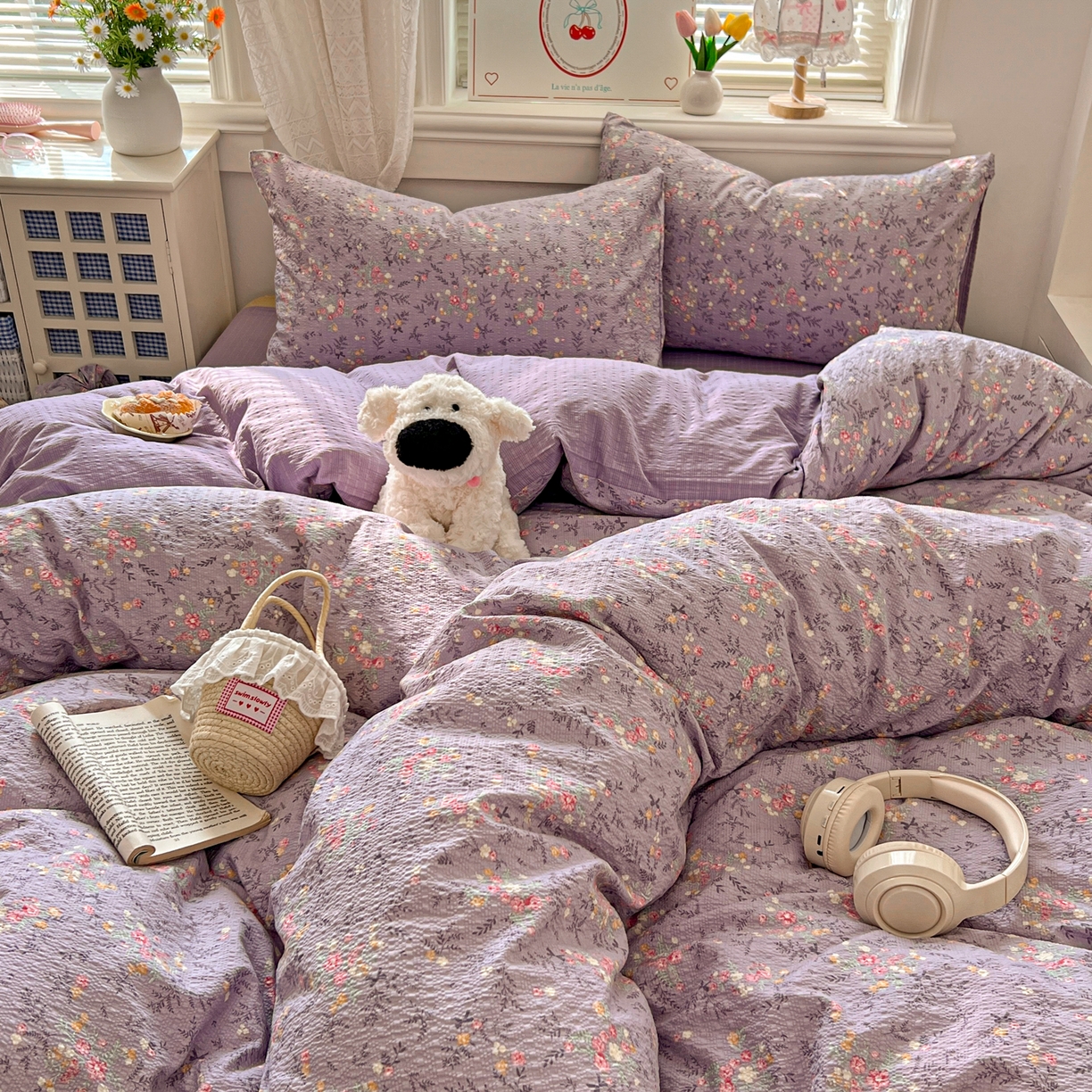 91家纺网 家纺一手货源 找家纺 暖伊家居 2026新款糖果小布袋泡芙纱四件套 薰衣紫花